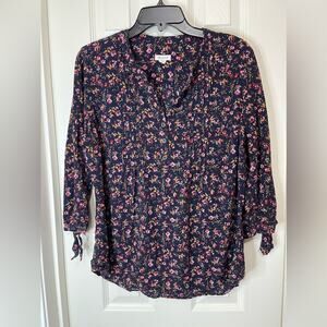 Westport Dark Blue Dark Romantic Floral Split V Neck prairie Shirt tie sleeve L